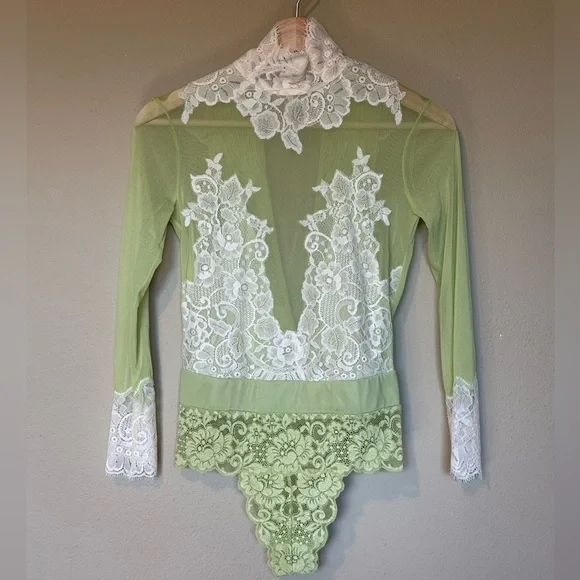 Free People x We Are HAH Lime Green Cream Lace Sheer Bodysuit NWT Size Small